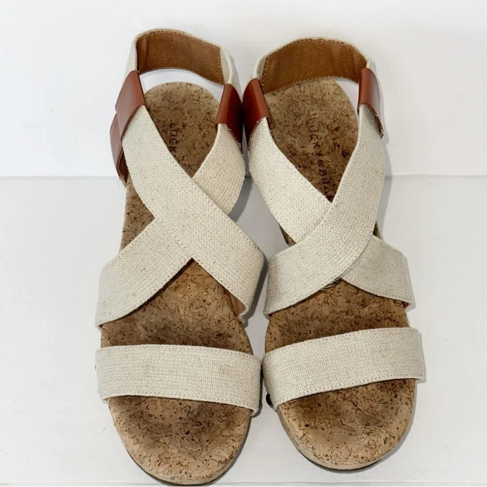 Lucky Brand Marla Cork Wedge Sandals Beige Tan Shoes Elastic Back Size 9 Boho